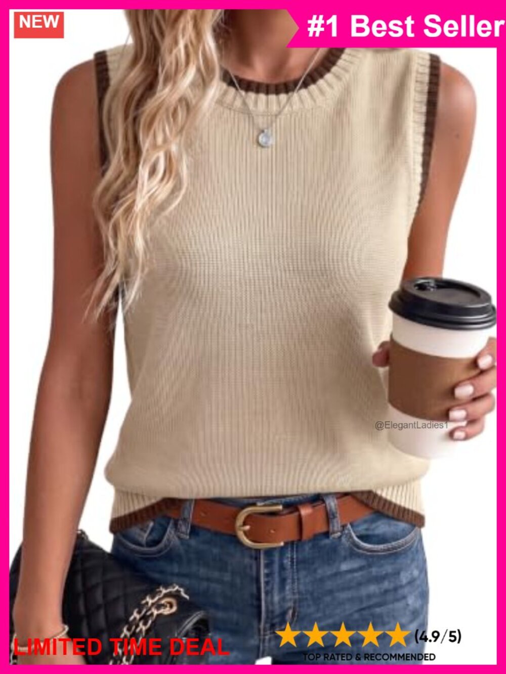 100% Cotton Stripe Knit Sweater Vest Sleeveless Crew Neck